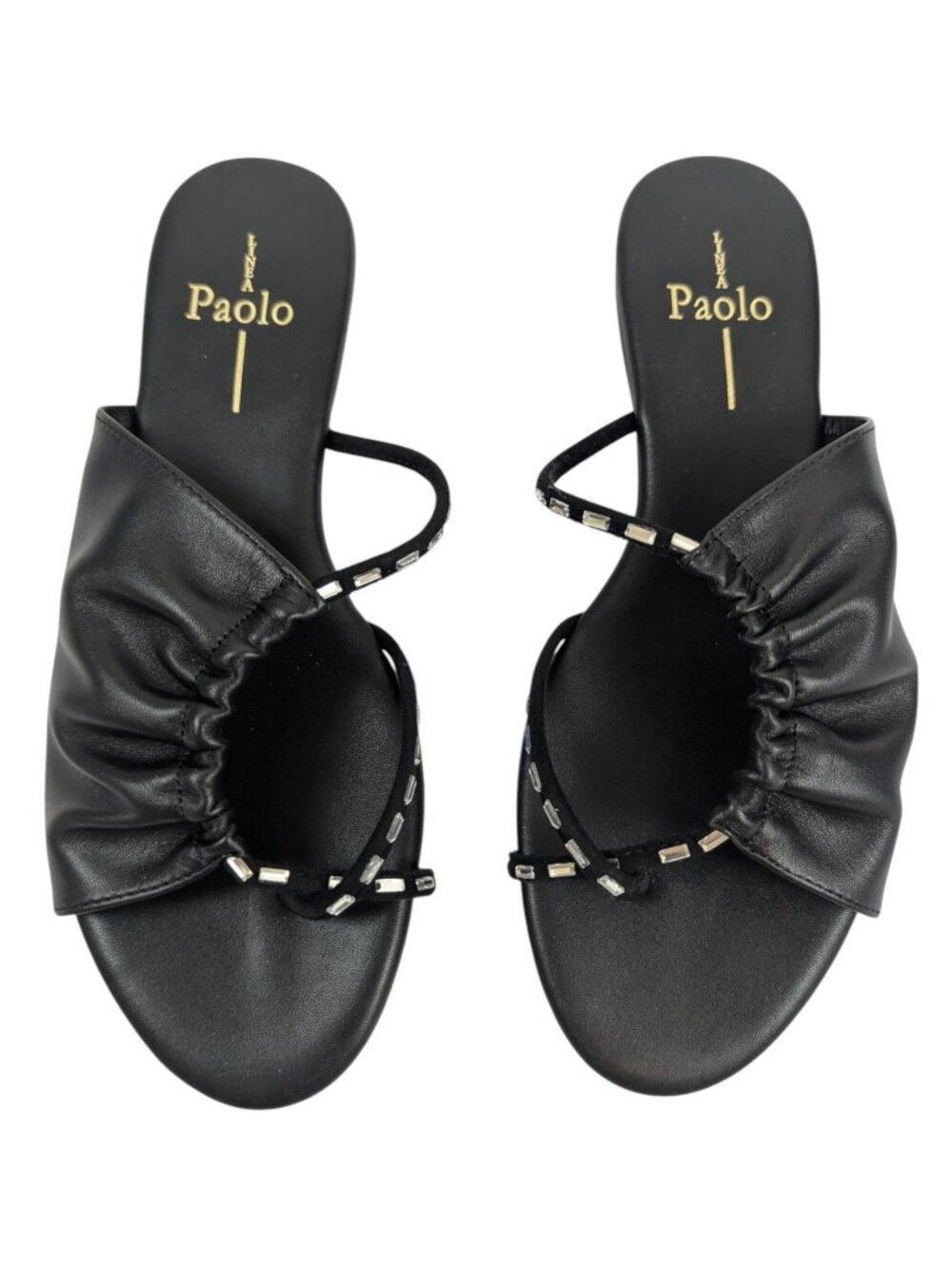 Linea Paolo Sandals Black Leather Lane Jeweled Toe Loop Slip On Flats Size 7M